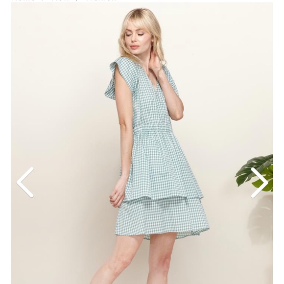 NWT * Pleione Puff Shoulder Ruffle Checkered Dress Size Medium Gingham print - Picture 2 of 15